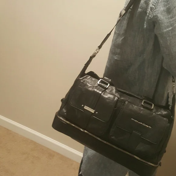 Piquadro Black Leather Duffle Bag Weekender - Picture 13 of 16